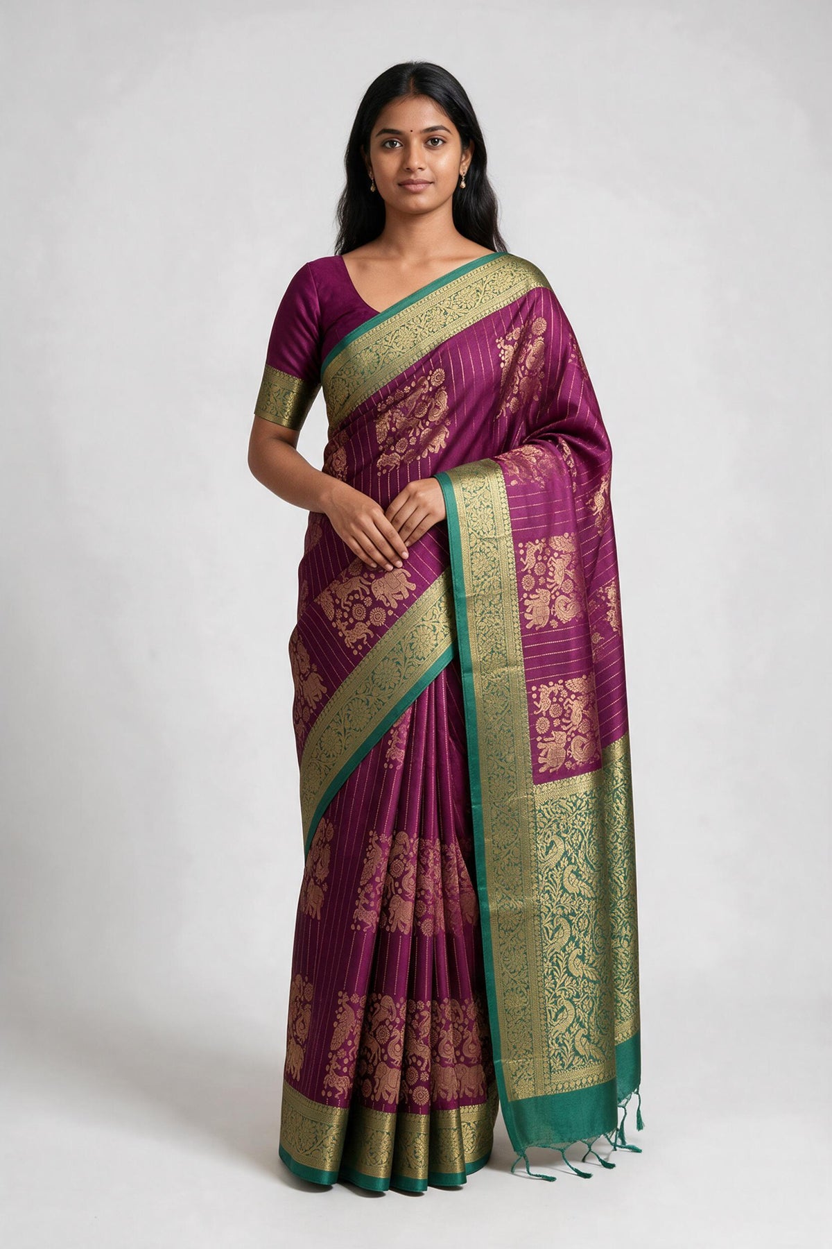 Mauve & Wine Soft Silk Saree with Jacquard Border and Golden Motifs - Mauve & Wine