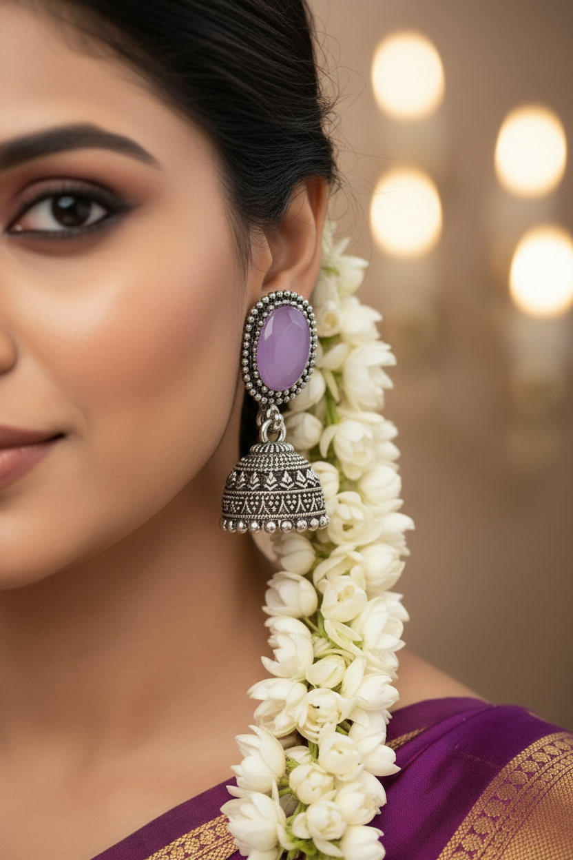 1.5 inch Oxidized Silver Jhumka Earrings for Women