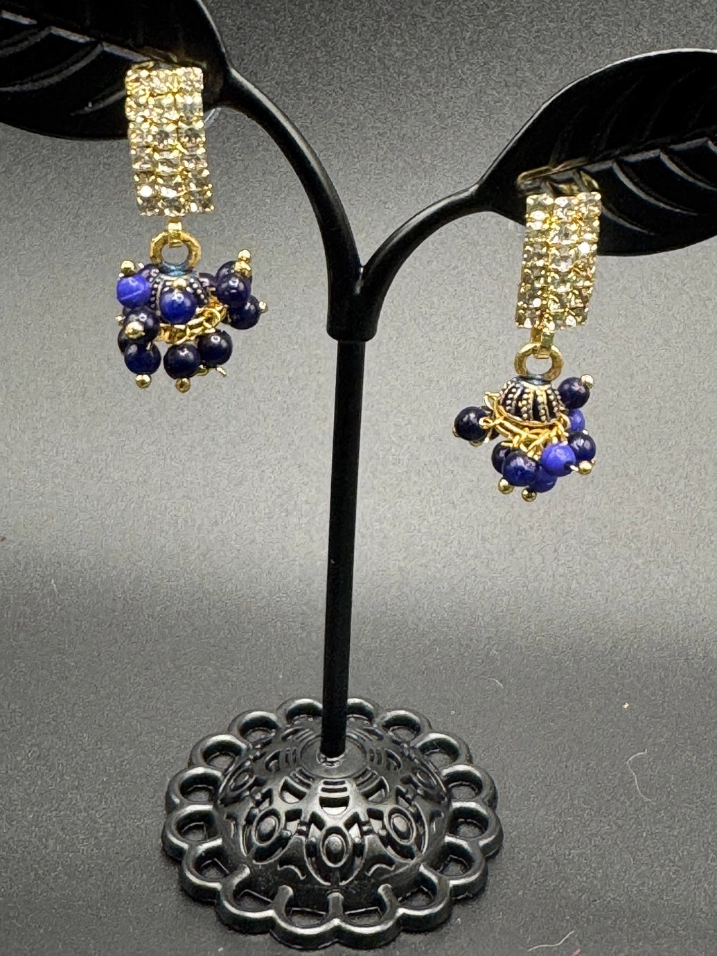 Gold Look Crystal Stud Jhumka Earrings - Traditional Fashion Jewelry Jewelry JCS Fashions Royal Blue 1 inch