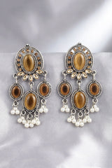 Cream Oval Oxidized Silver-Tone Fashion Earrings with Stone & White Pearl Drops - Cream