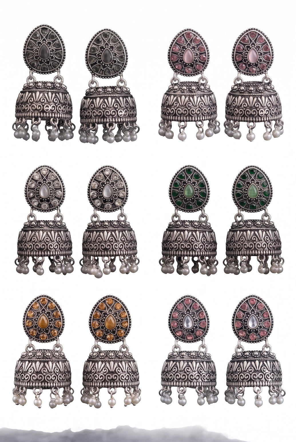 Oxidized Silver Tone Jhumka Earrings with Oval Stud Top & Filigree Teardrop Motif for Women