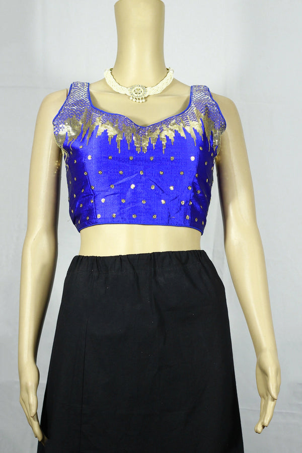Bright Royal Blue Zari Embroidered Padded Designer Blouse, Sleeveless with Back Knot - Bright Royal blue