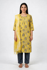 Yellow Cotton Floral 3-Piece Kurti Set with Elastic Pant and Matching Dupatta - Yellow