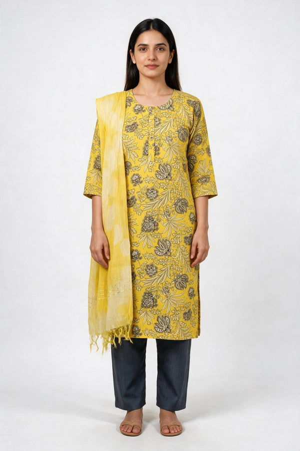 Yellow Cotton Floral 3-Piece Kurti Set with Elastic Pant and Matching Dupatta - Yellow