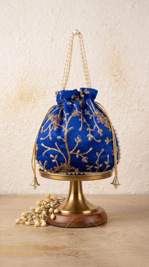 Royal Blue Embroidered Potli Bag with Pearl Bead Trim and Gold Floral Drawstring Pouch for Wedding Festive Return Gifts - Royal Blue