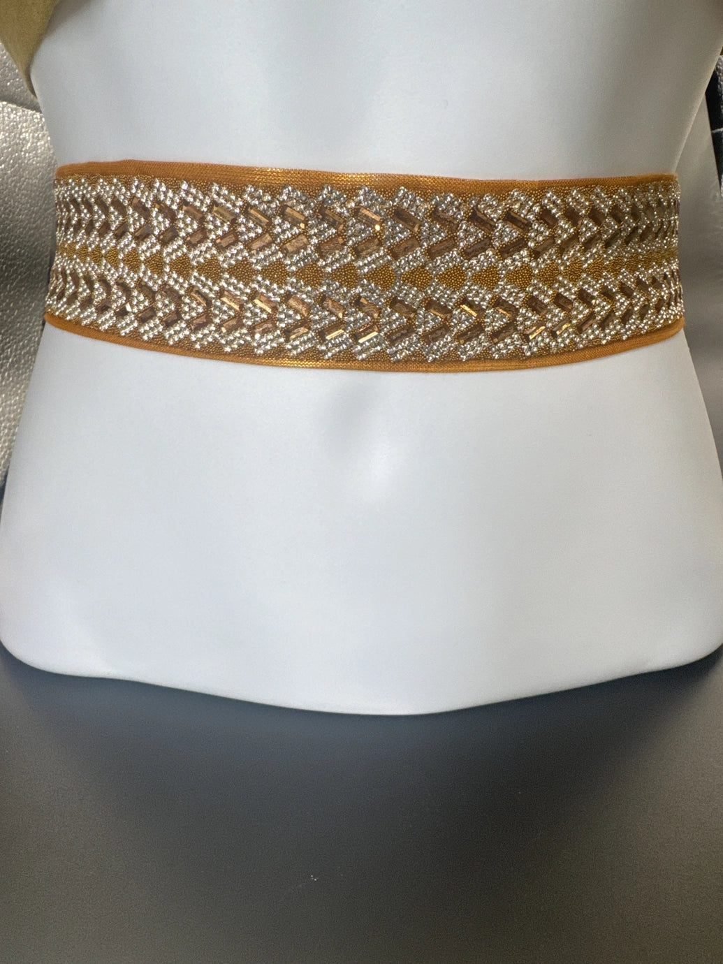 Gold-Tone Crystal Embellished Elastic Hip Belt — Ethnic Kamarbandh for Sarees & Lehengas Jewelry JCS Fashions Gold 28 - 32 inches