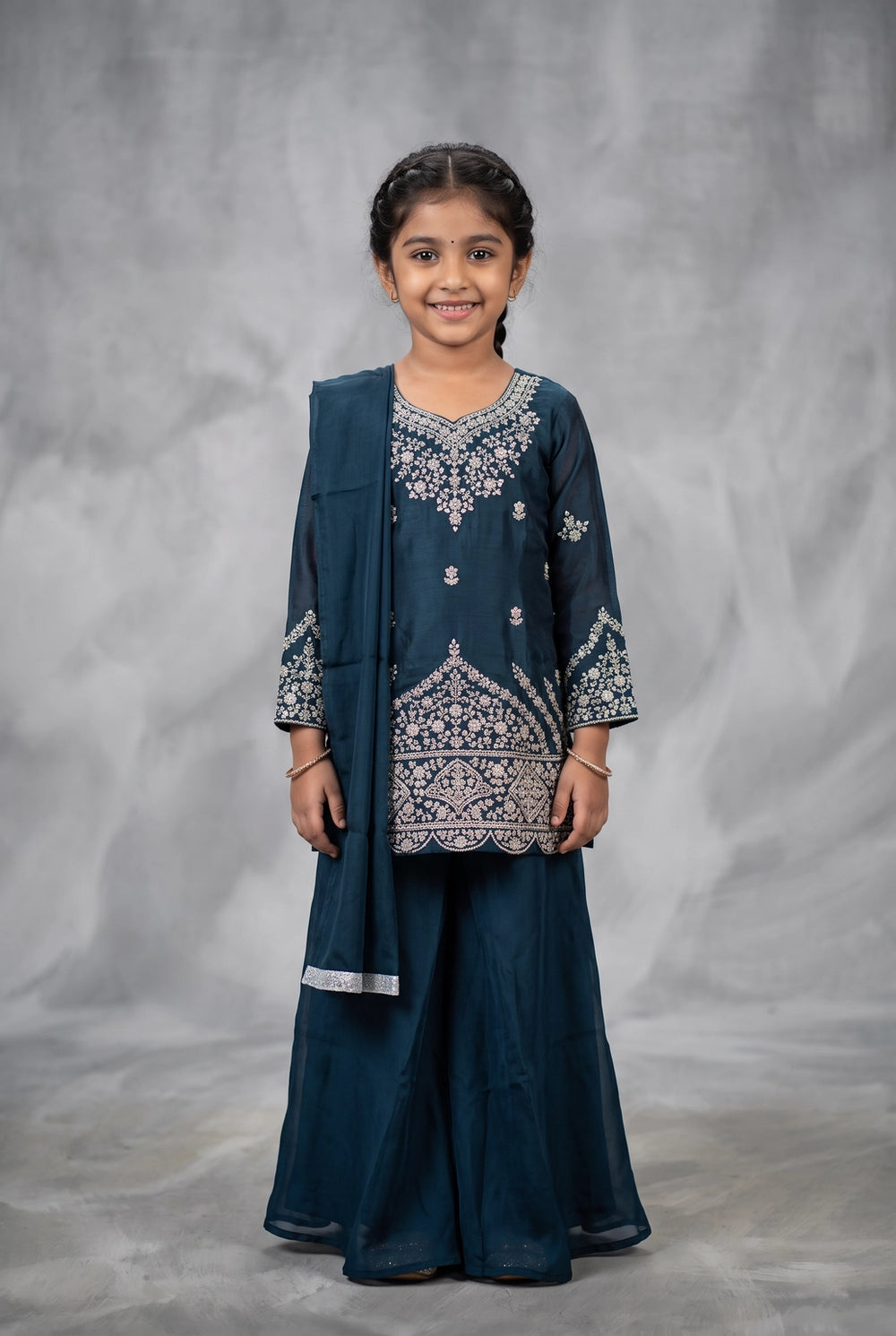 Girls Navy Blue Palazzo 3-Piece Set with Embroidered Top, Salwar & Dupatta - Navy Blue