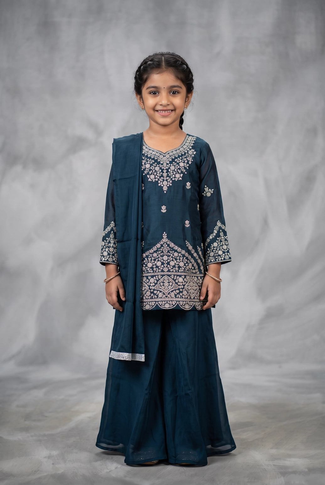 Girls Navy Blue Palazzo 3-Piece Set with Embroidered Top, Salwar & Dupatta - Navy Blue