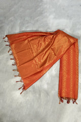 Orange Ponnadai Poly Silk Jacquard Temple Shawl with Zari Pattern & Tassels | 2 Meter Traditional South Indian Dupatta - Orange