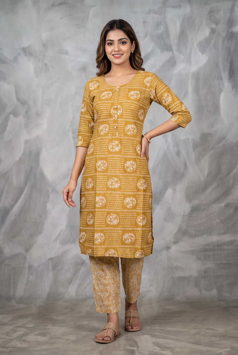 Mustard Yellow Rayon 2-Piece Kurti Set with Printed Elastic Pant, Round Neck 3/4 Sleeves - Mustard Yellow