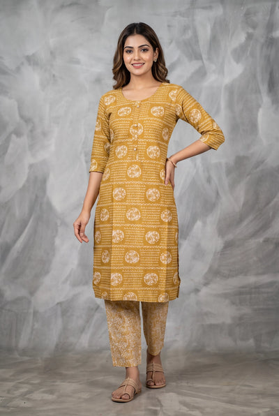 Mustard Yellow Rayon 2-Piece Kurti Set with Printed Elastic Pant, Round Neck 3/4 Sleeves - Mustard Yellow