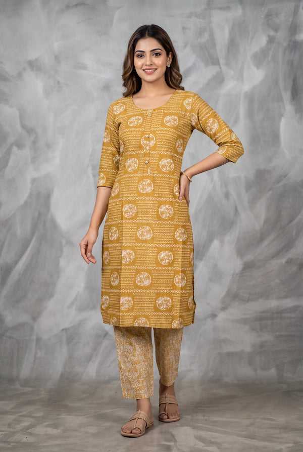 Mustard Yellow Rayon 2-Piece Kurti Set with Printed Elastic Pant, Round Neck 3/4 Sleeves - Mustard Yellow