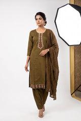 Roman Silk 3-Piece Kurta Set with Embroidered Neckline, Elastic Pant & Sequence Dupatta - Dark Brown