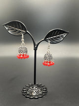 Oxidized Silver Jhumka Earrings with Beads - 1.2 inch Jewelry JCS Fashions Red 1.2 inch