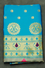 Blue Paithani Pure Silk Saree With Zari Woven Peacock Pallu and Design Border - Blue