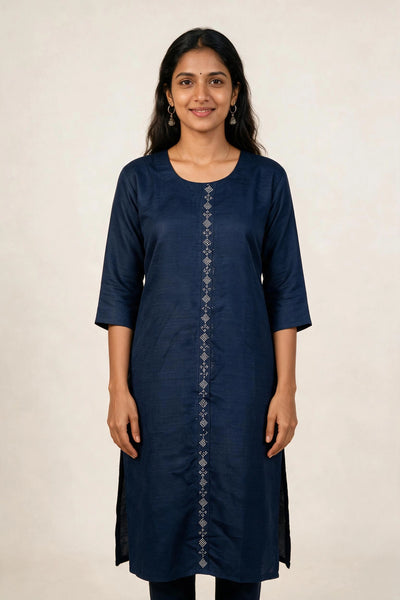 Women’s Dark Navy Blue Cotton Kurti with Vertical Diamond Detail and Round Neck - Dark Navy Blue