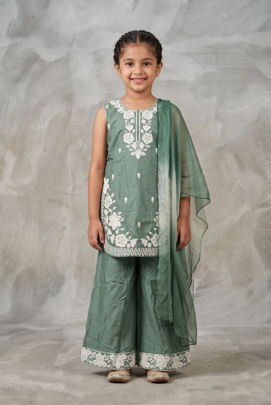 Girls Roman Silk 3-Piece Palazzo Set with Floral Embroidery, Matching Kurti, Palazzo Pants & Dupatta