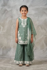 Girls Roman Silk 3-Piece Palazzo Set with Floral Embroidery, Matching Kurti, Palazzo Pants & Dupatta