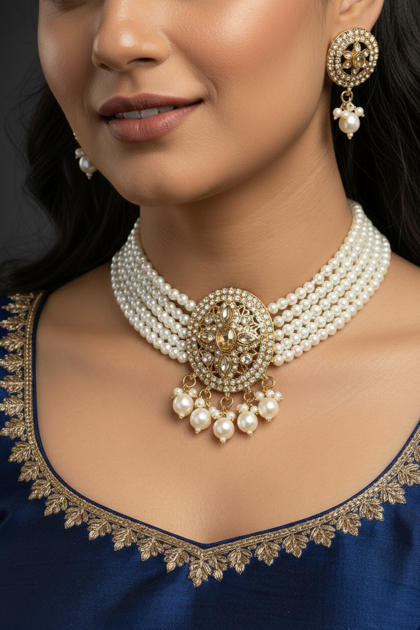 Gold-Tone Pearl Choker Necklace Set with Crystal-Studde
