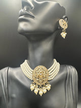 Gold-Tone Pearl Choker Necklace Set with Crystal-Studded Oval Centerpiece, Pearl Drops and Matching Earrings – 9 Inch Jewelry JCS Fashions Gold 9 inch