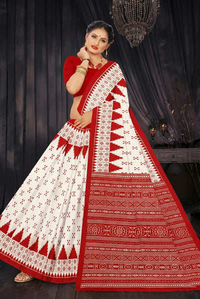 Red & White Cotton Printed Saree with Contrast Border for Traditional Daily and Festive Wear - Red & White