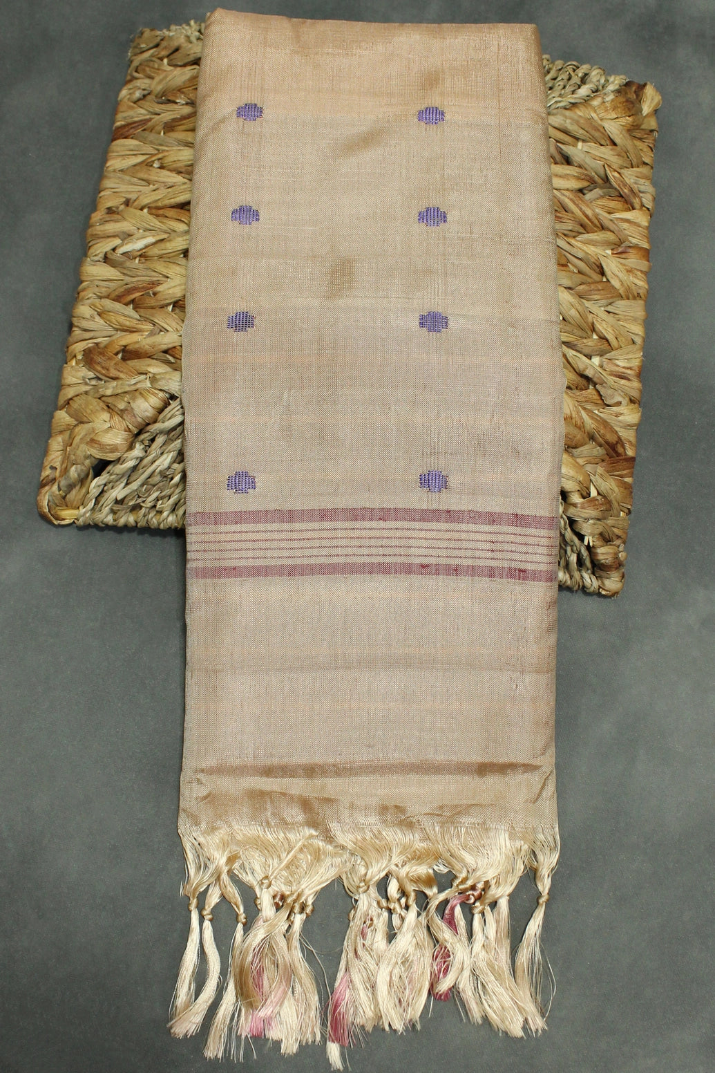 Handwoven Vaazhai Naar Banana Pith Saree in Brown with Small Purple Butta Motifs, Borderless Traditional Weave - Brown