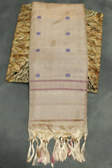 Handwoven Vaazhai Naar Banana Pith Saree in Brown with Small Purple Butta Motifs, Borderless Traditional Weave - Brown