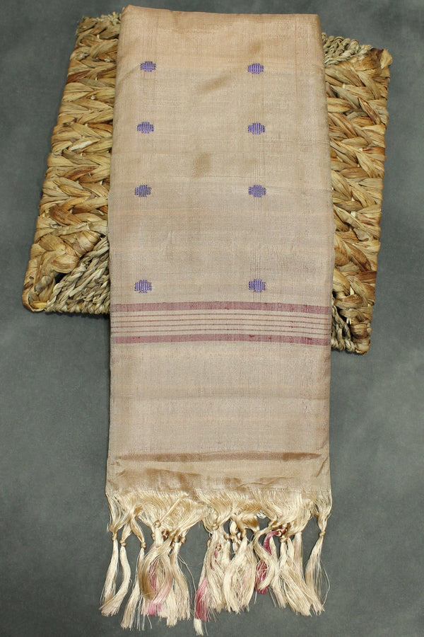 Handwoven Vaazhai Naar Banana Pith Saree in Brown with Small Purple Butta Motifs, Borderless Traditional Weave - Brown