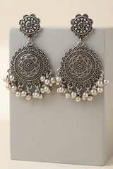 Oxidized Silver Floral Stud Statement Earrings with Beaded Jhumka Dangles for Traditional Wear - Silver