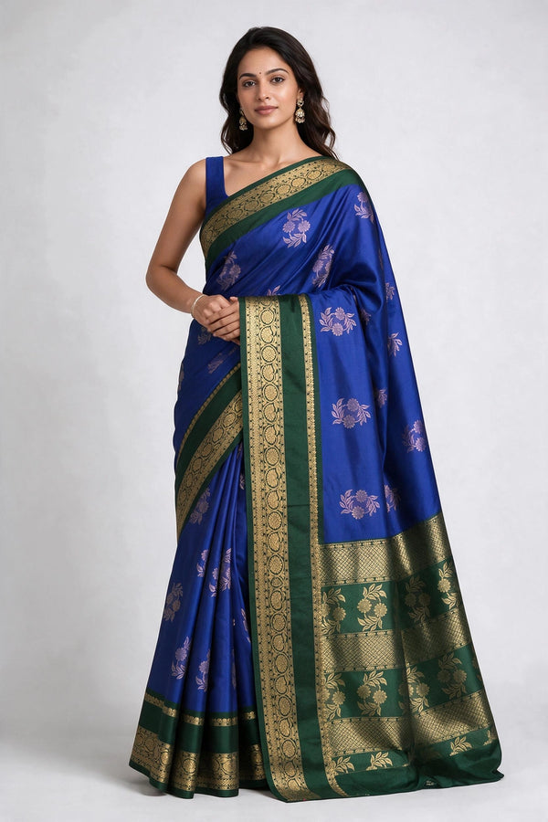 Olive Green & Blue Soft Silk Saree with Jacquard Border and Gold Tone Weave - Olive Green & Blue