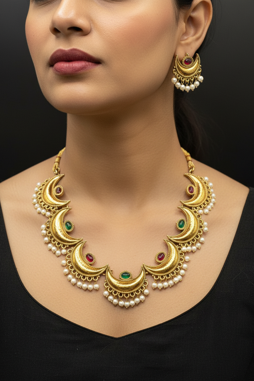 Gold-Tone Temple Neck Set with Green & Pink Stones, Imitation Pearls & Matching Earrings