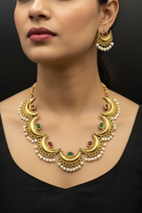Gold-Tone Temple Neck Set with Green & Pink Stones, Imitation Pearls & Matching Earrings