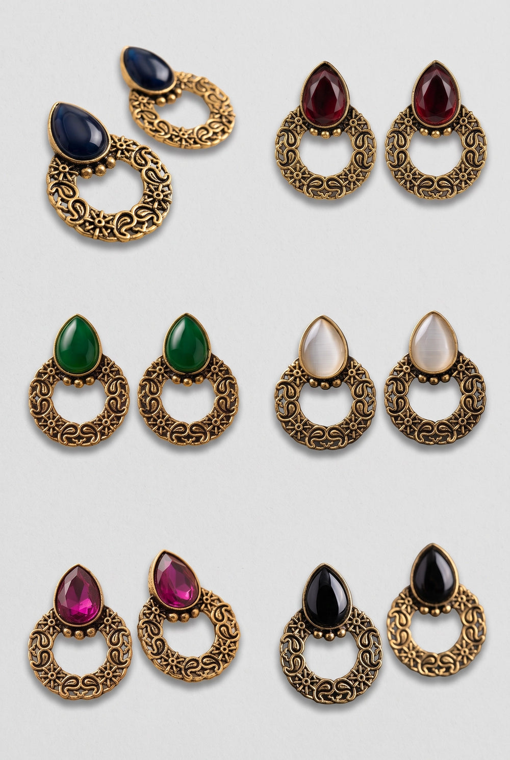 Antique Gold-Tone Teardrop Statement Earrings with Teardrop Stone and Floral Hoop Design