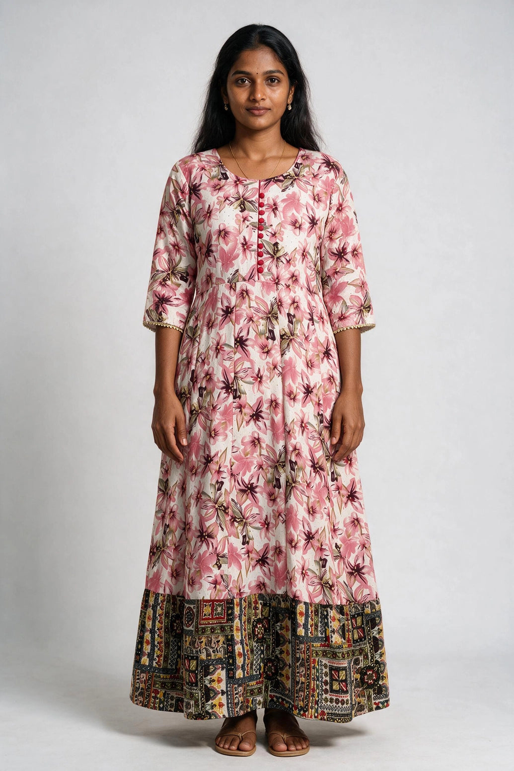 Pink Floral Rayon Anarkali Kurti with Stone Work, Round Neck and 3/4 Sleeves - Pink