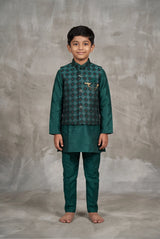 Boys Teal Green Koti Kurta Set with Printed Nehru Jacket, Full Sleeves and Matching Pants - Teal Green