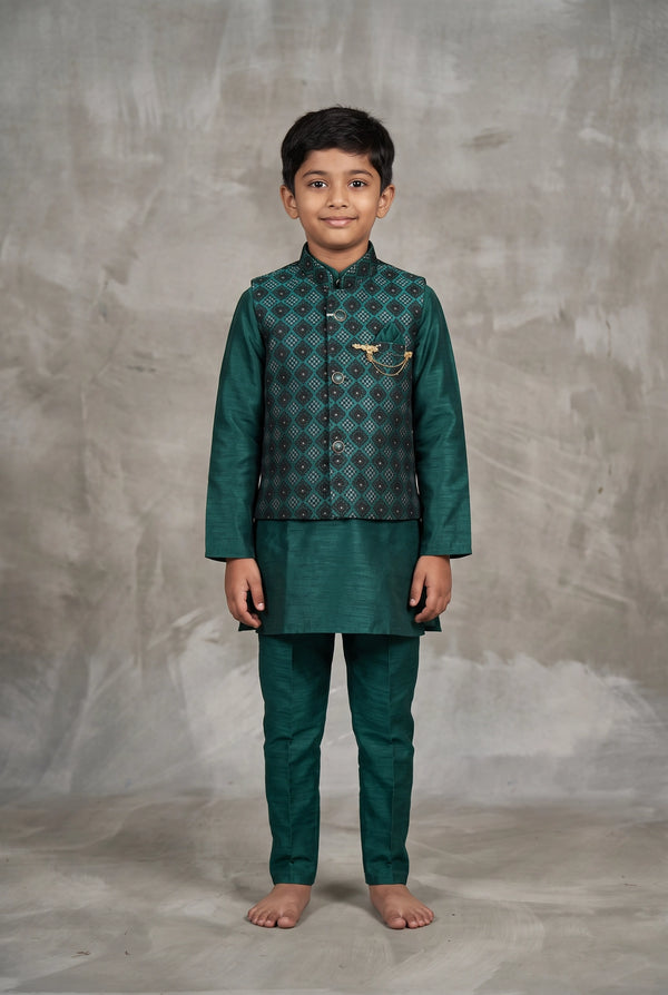Boys Teal Green Koti Kurta Set with Printed Nehru Jacket, Full Sleeves and Matching Pants - Teal Green