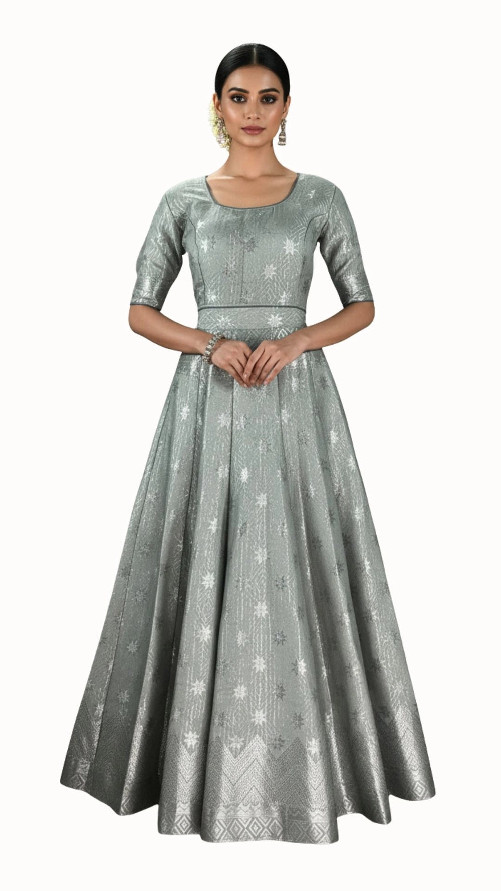 Grey Jacquard Silk Lehenga with Zari Woven Motifs and Matching Elbow Sleeve Blouse - Grey