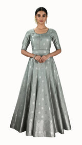 Grey Jacquard Silk Lehenga with Zari Woven Motifs and Matching Elbow Sleeve Blouse - Grey