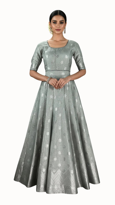Grey Jacquard Silk Lehenga with Zari Woven Motifs and Matching Elbow Sleeve Blouse - Grey