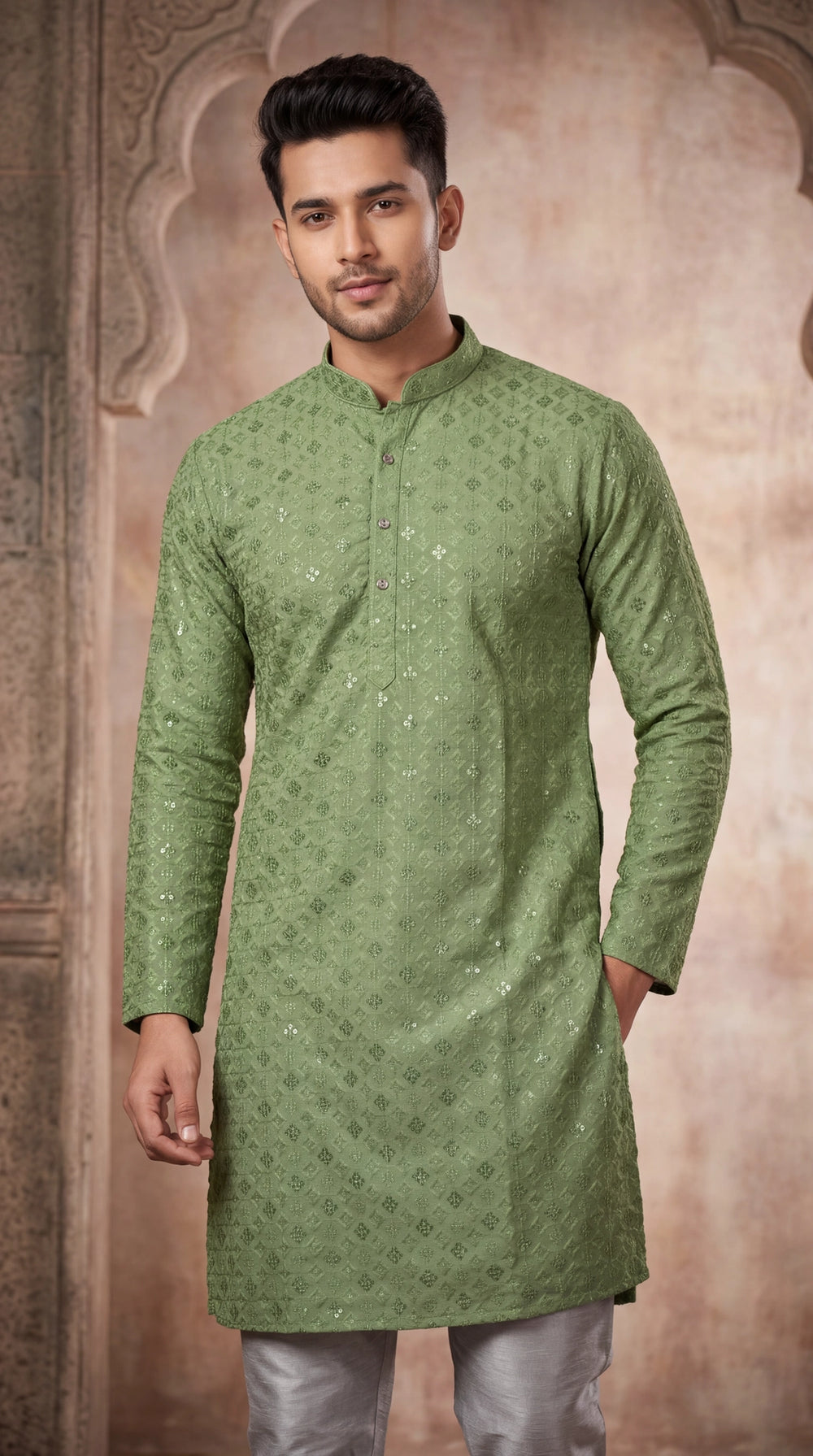Men’s Sage Green Lakhnavi Kurta with All-Over Motifs and Sequins Look - Sage Green
