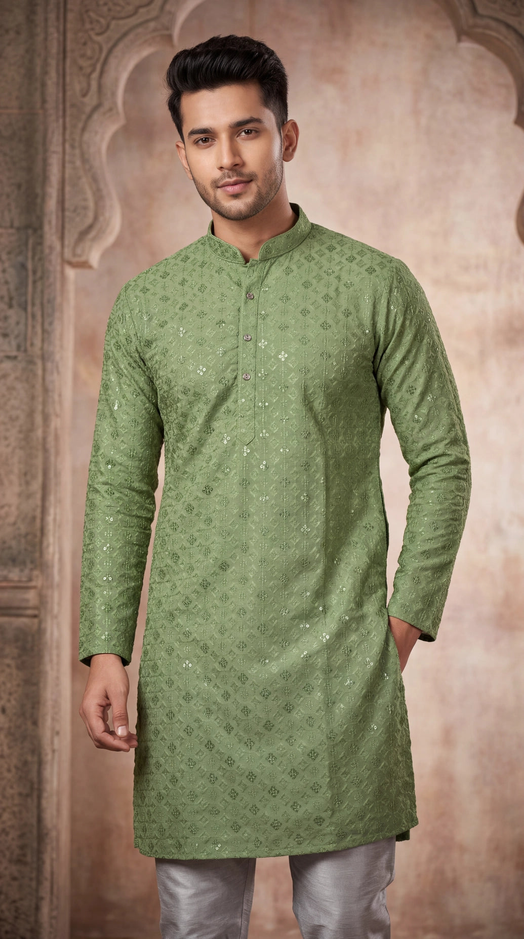 Men’s Sage Green Lakhnavi Kurta with All-Over Motifs and Sequins Look - Sage Green