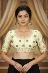 Sandal Readymade Padded Designer Blouse with Zari Floral Butta, U-Neckline, Elbow Sleeves and Back Knot - Sandal