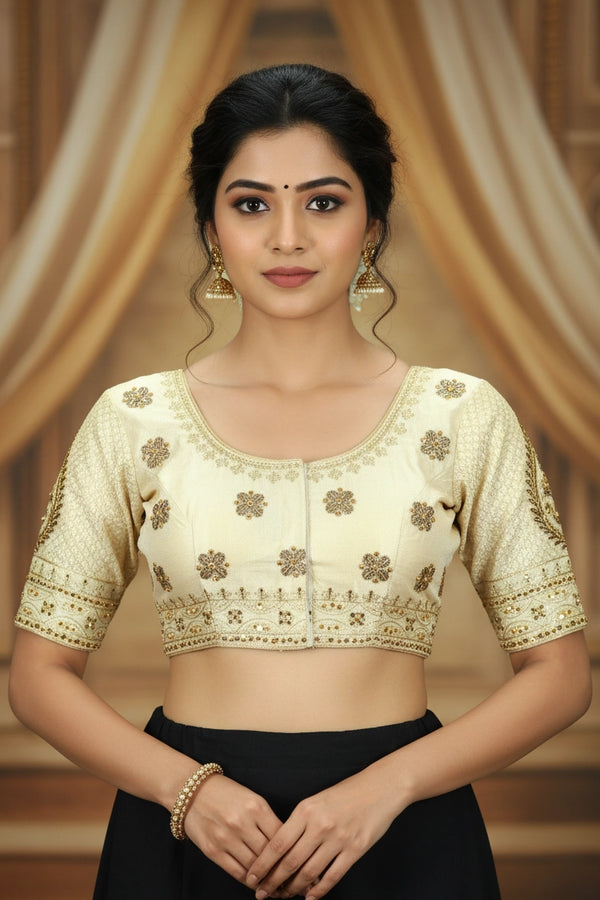 Sandal Readymade Padded Designer Blouse with Zari Floral Butta, U-Neckline, Elbow Sleeves and Back Knot - Sandal