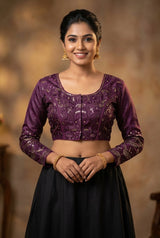 Purple Sequined Padded Designer Readymade Blouse, Full Sleeve with Back Knot & Back Patch, Fully Stitched - Purple