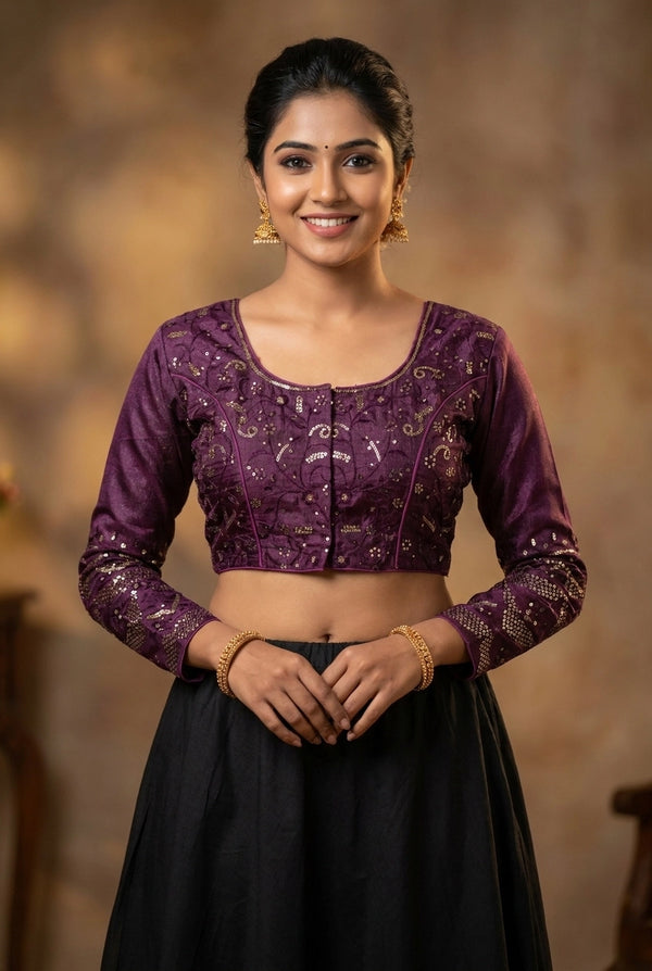 Purple Sequined Padded Designer Readymade Blouse, Full Sleeve with Back Knot & Back Patch, Fully Stitched - Purple