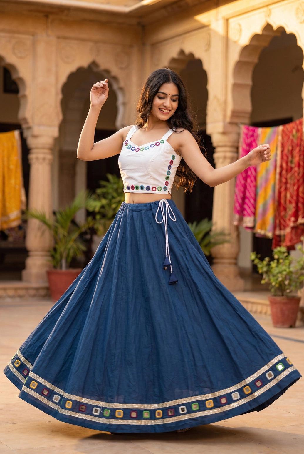 Navy Blue Navratri Chaniya Choli Set with Round Mirror Work Choli and Plain Flared Skirt - Navy Blue