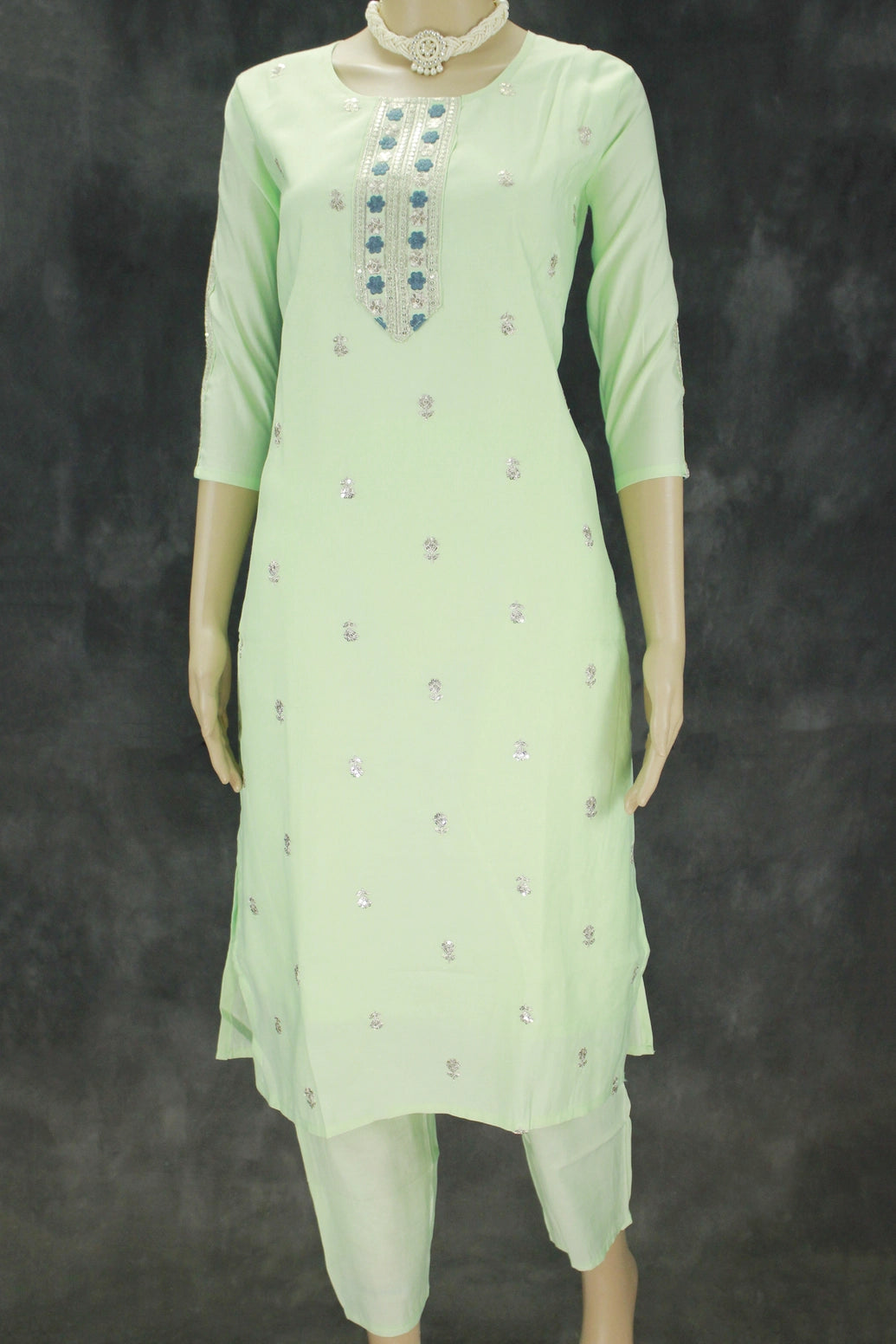 Light Green Cotton 3-Piece Embroidered Suit with Chiffon Dupatta and Sequin Details