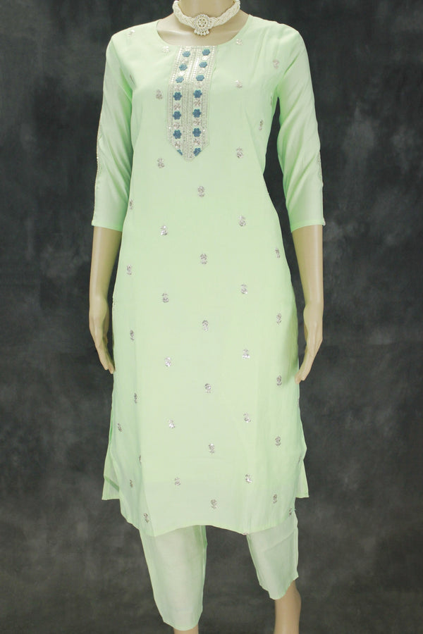 Light Green Cotton 3-Piece Embroidered Suit with Chiffon Dupatta and Sequin Details