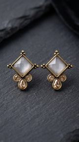 Grey Square Stone Teardrop Crystal Stud Earrings in Gold-Tone Frame for Women - Grey