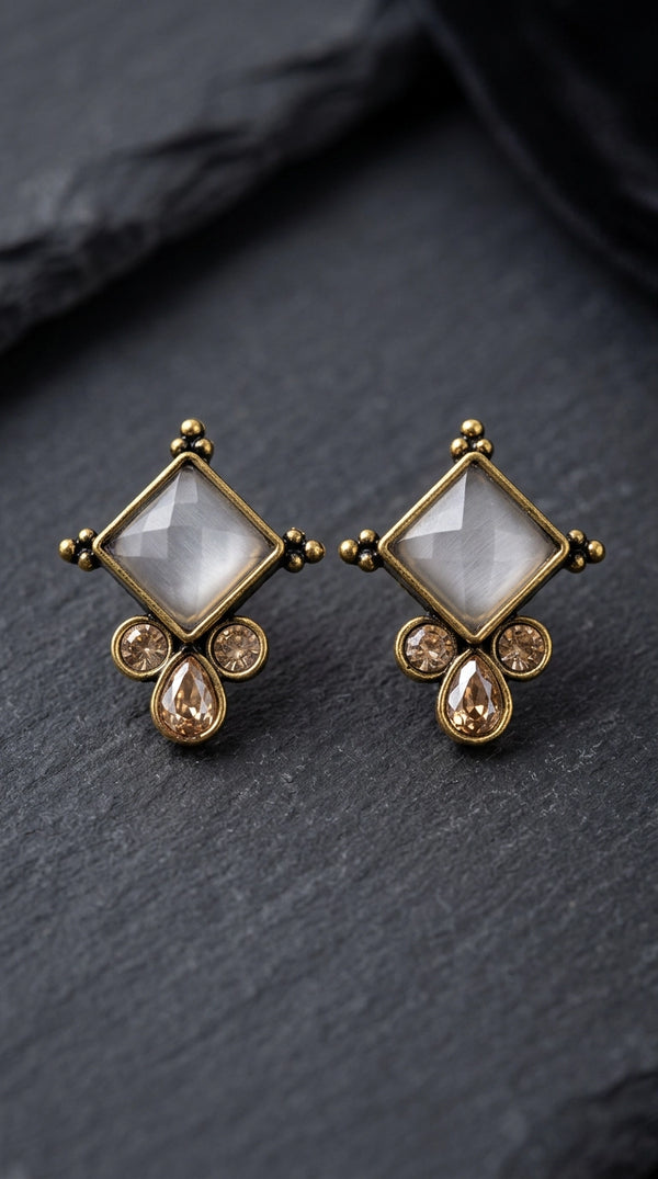 Grey Square Stone Teardrop Crystal Stud Earrings in Gold-Tone Frame for Women - Grey